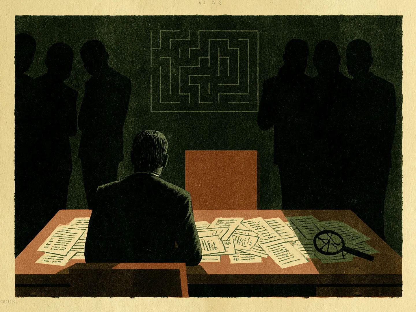 Illustration: a man alone at a table covered in papers and a magnifying glass, ringed by shadowy silhouettes, a maze on the wall.