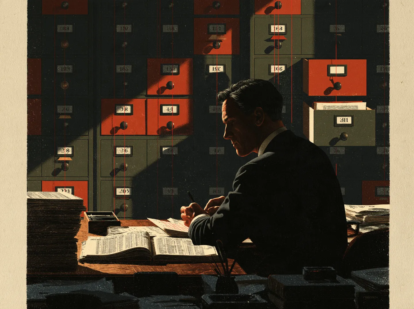 Un contable en su mesa con un libro mayor abierto, del que suben hilos rojos hasta los cajones numerados de un archivador.
