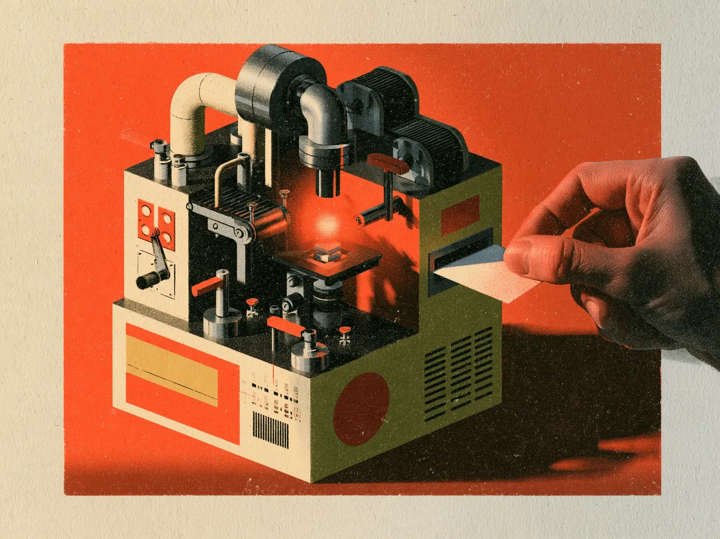 A hand slips a folded note into the intake slot of a small machine of pipes and levers built around a glowing core.