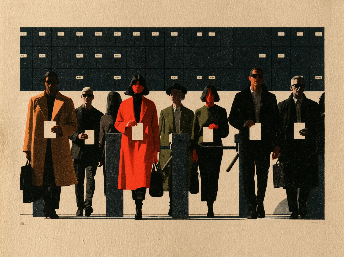 A line of people holding blank badges walks through open turnstiles in front of a wall of small lockers.