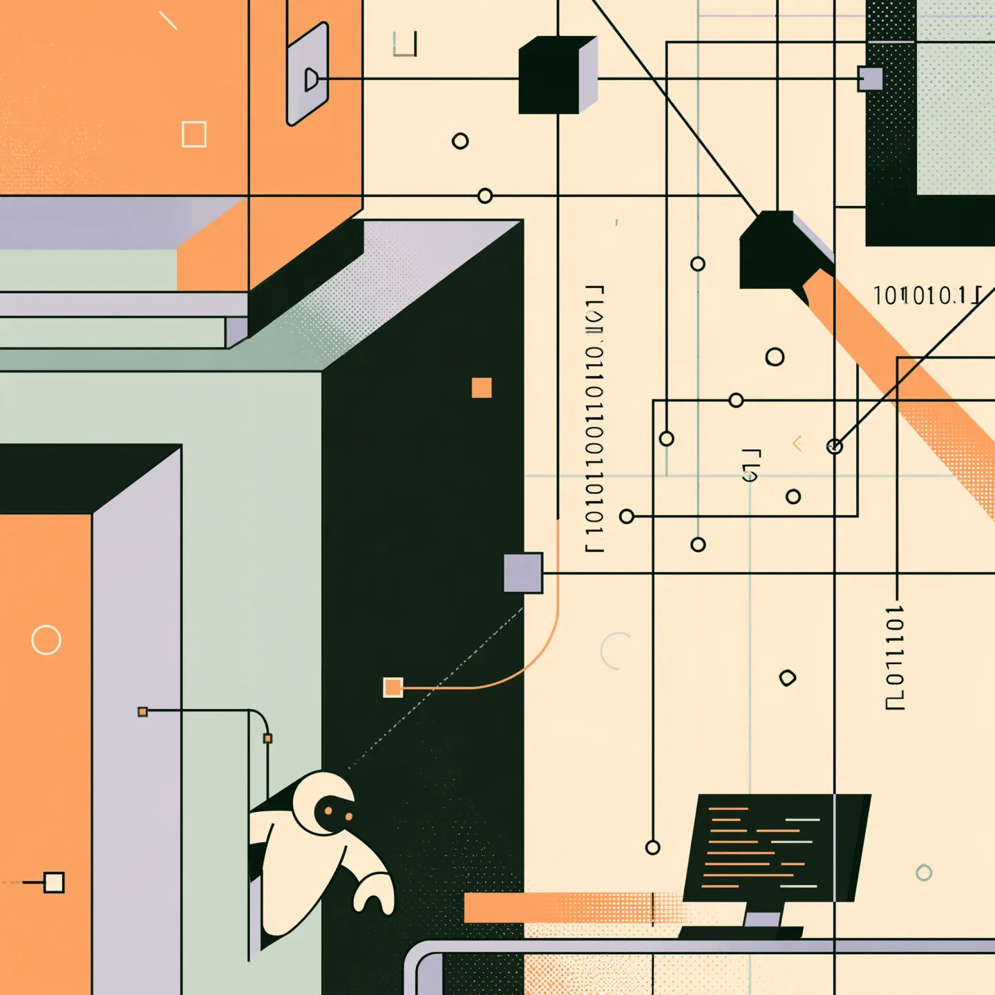 Flat geometric illustration in orange, sage and lavender: circuit-like lines link blocks and nodes, a small robot peeks out from behind a dark wall, and a monitor shows lines of code.