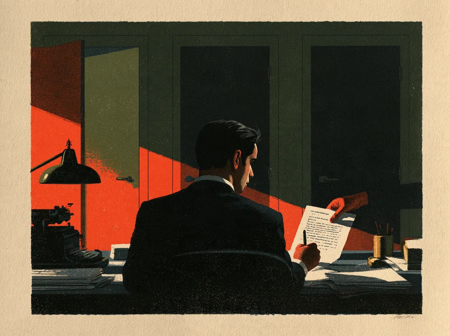A clerk seen from behind reads a letter while a hand reaching out of the letter guides his pen; three doors behind, one open.
